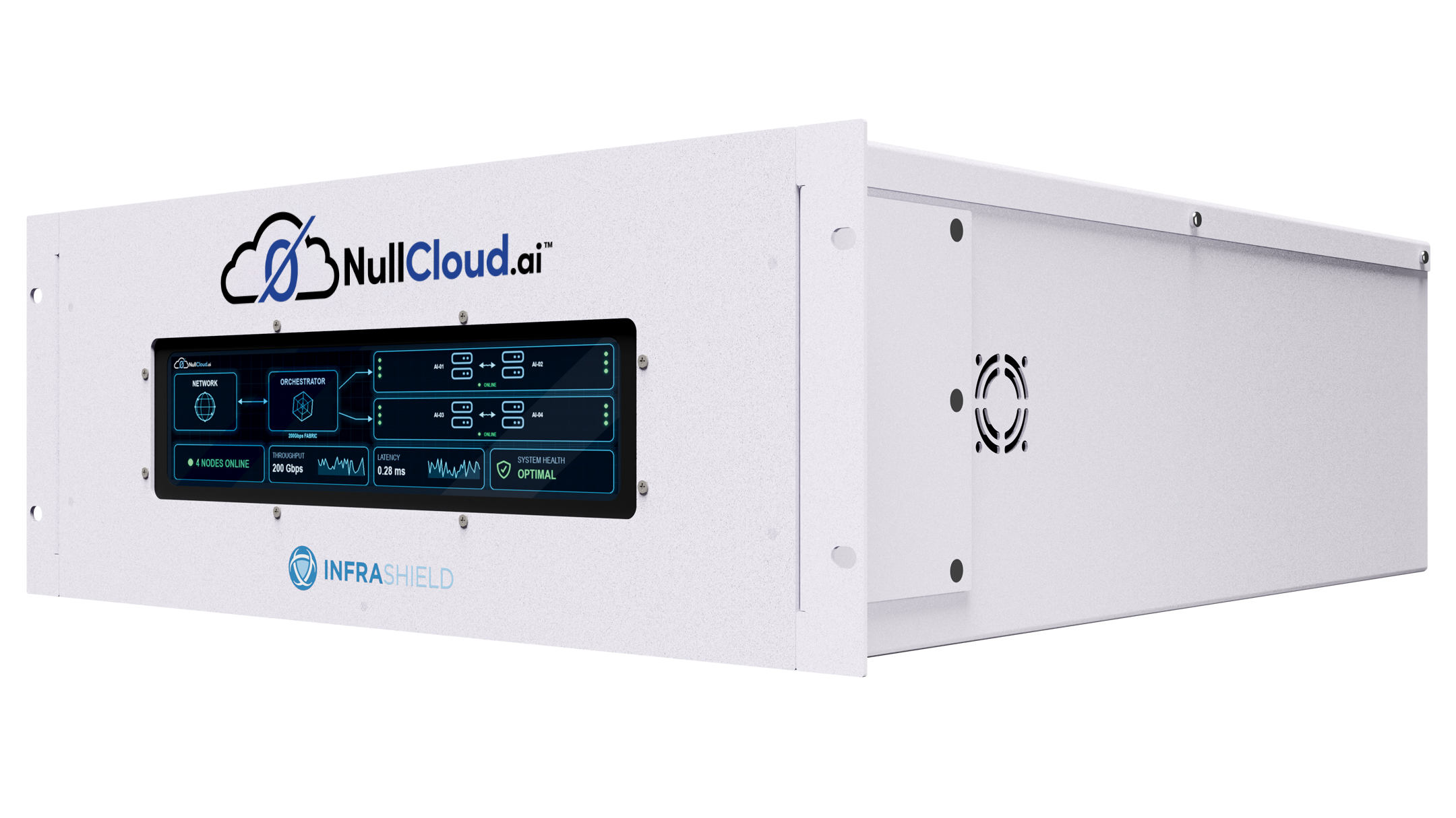 InfraShield NullCloud.ai™ 4U appliance, three-quarter side view